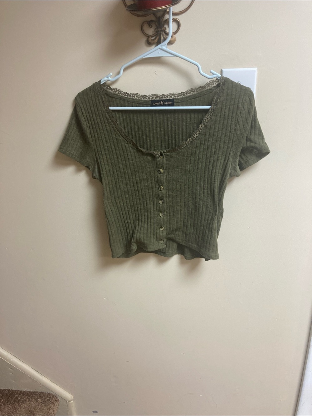 Almost Famous Olive Ribbed Button-Front Lace Trim Crop Top